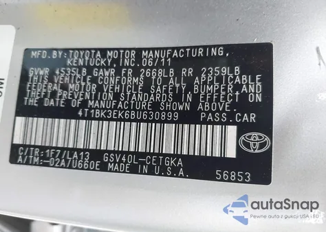 2011 Toyota Camry Xle V6 из США, поврежденный, VIN 4T1BK3EK6BU630899